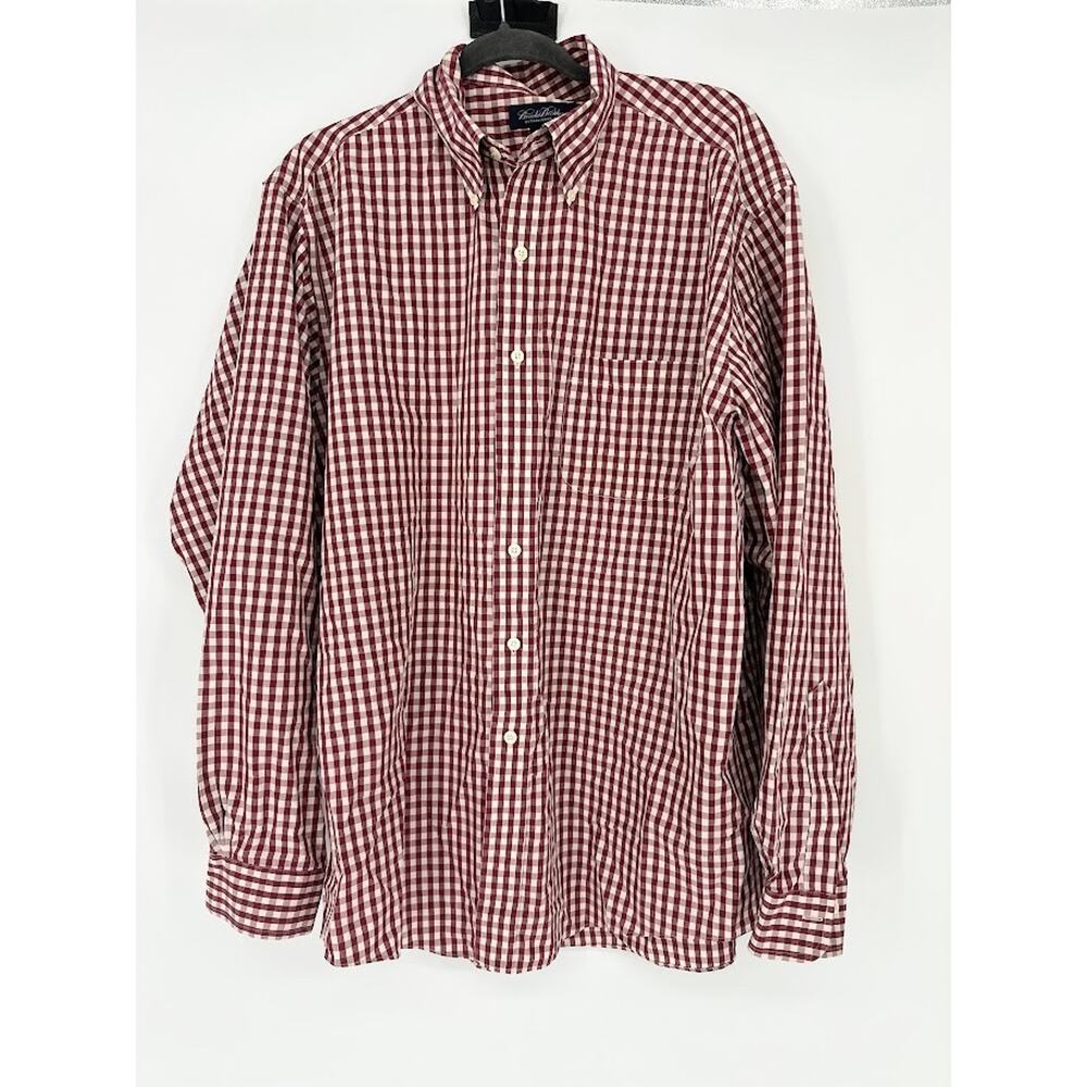 Brooks Brothers Button Shirt Mens Large Non Iron Cotton Gingham Check Red Office